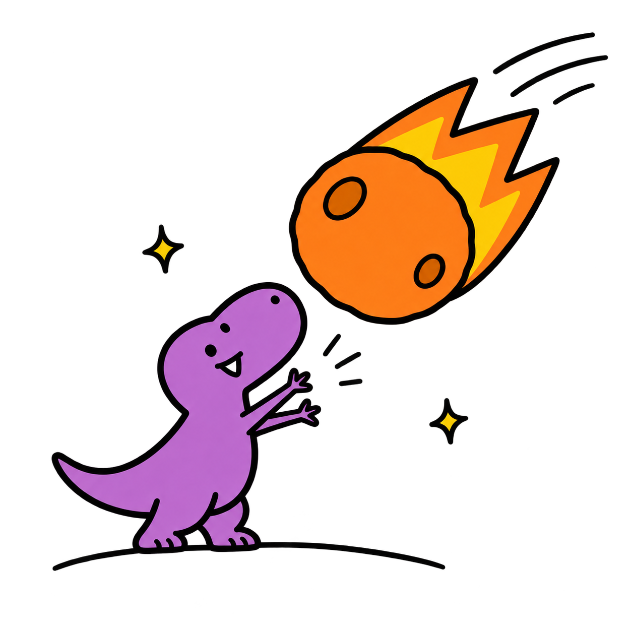 Purple REX reaches toward the orange Meteor, with a smile and tiny arms.